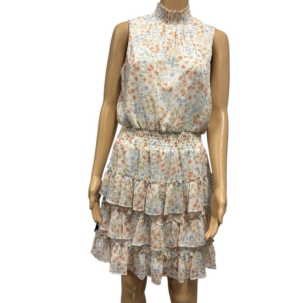 MSK Cream Floral High Neck Sleeveless Ruffled Tiered Mini Dress Womens Medium